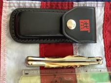 J A Henckels Lg approx 5” Folding Hunter with Nice Stag Handles +Orig Sheath