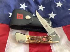 J A Henckels Lg approx 5” Folding Hunter with Nice Stag Handles +Orig Sheath