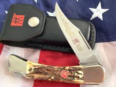 J A Henckels Lg approx 5” Folding Hunter with Nice Stag Handles +Orig Sheath