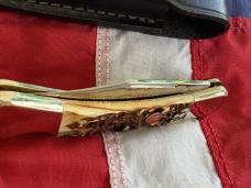 J A Henckels Lg approx 5” Folding Hunter with Nice Stag Handles +Orig Sheath