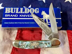 Bulldog Brand 2000 Copperhead Knife With Immitation Abalone Handles -NOS in orig box