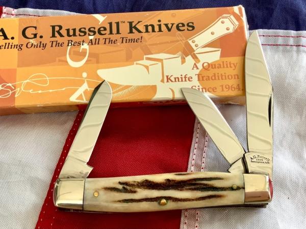 1999 Russell Stockman Pocket Knife w/ Great Stag Handles -NOS in orig box