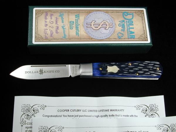Dollar Knife Co. Blue Jigged Bone with Mammoth Shield Jack Knife from Cooper Cutlery USA BJB-MS