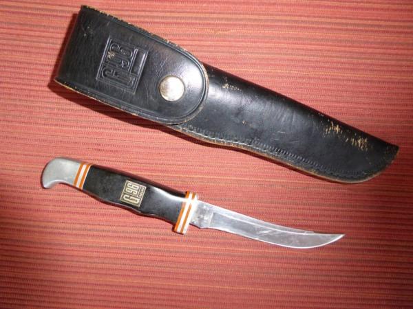 Vintage G-96 Brand Model 910 Upswept Hunting Fixed Blade Knife & Leather Sheath 440 Stainless Steel