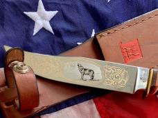 J A Henckels Fixed Blade Hunter Knife w/ Stag Handles & Gold Blade Etch of a Howling Wolf