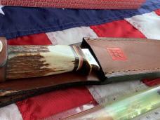 J A Henckels Fixed Blade Hunter Knife w/ Stag Handles & Gold Blade Etch of a Howling Wolf