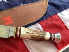 J A Henckels Fixed Blade Hunter Knife w/ Stag Handles & Gold Blade Etch of a Howling Wolf