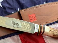 J A Henckels Fixed Blade Hunter Knife w/ Stag Handles & Gold Blade Etch of a Howling Wolf