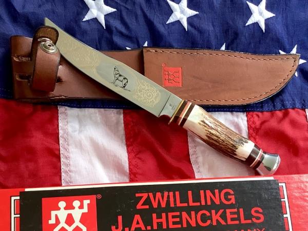 J A Henckels Fixed Blade Hunter Knife w/ Stag Handles & Gold Blade Etch of a Howling Wolf J A Henckels Fixed Blade Hunter Knife w/ Stag Handles & Gold Blade Etch of a Howling Wolf