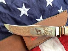 J A Henckels Fixed Blade Hunter Knife w/ Stag Handles & Gold Blade Etch of a Howling Wolf