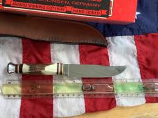 J A Henckels Fixed Blade Hunter Knife w/ Stag Handles & Gold Blade Etch of a Howling Wolf