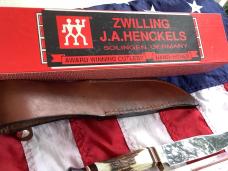 J A Henckels Fixed Blade Hunter Knife w/ Stag Handles & Gold Blade Etch of a Howling Wolf