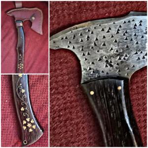 Full Tang Steel hatchet. Brass inlay on Rosewood