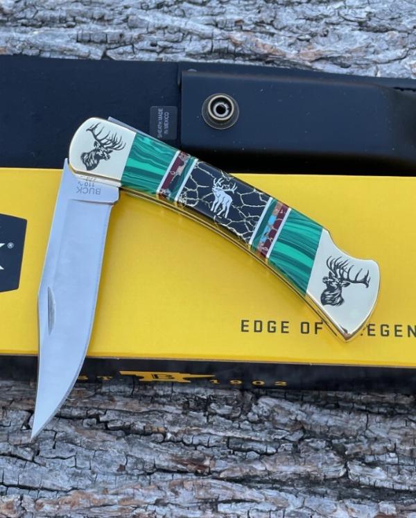 BUCK 110 ** BRIAN YELLOWHORSE CUSTOM ELK GREEN MALACHITE/BLACK GOLD QUARTZ BRASS BOLSTERS