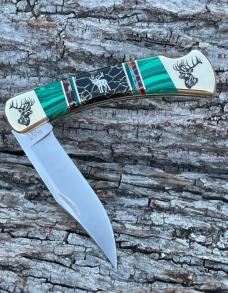 BUCK 110 ** BRIAN YELLOWHORSE CUSTOM ELK GREEN MALACHITE/BLACK GOLD QUARTZ BRASS BOLSTERS