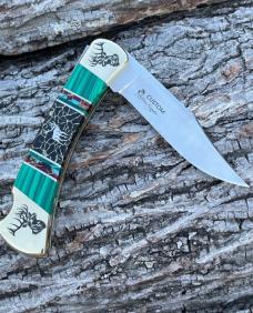 BUCK 110 ** BRIAN YELLOWHORSE CUSTOM ELK GREEN MALACHITE/BLACK GOLD QUARTZ BRASS BOLSTERS