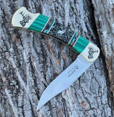 BUCK 110 ** BRIAN YELLOWHORSE CUSTOM ELK GREEN MALACHITE/BLACK GOLD QUARTZ BRASS BOLSTERS