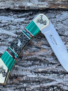 BUCK 110 ** BRIAN YELLOWHORSE CUSTOM ELK GREEN MALACHITE/BLACK GOLD QUARTZ BRASS BOLSTERS