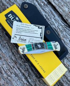 BUCK 110 ** BRIAN YELLOWHORSE CUSTOM ELK GREEN MALACHITE/BLACK GOLD QUARTZ BRASS BOLSTERS