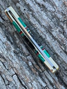 BUCK 110 ** BRIAN YELLOWHORSE CUSTOM ELK GREEN MALACHITE/BLACK GOLD QUARTZ BRASS BOLSTERS