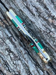 BUCK 110 ** BRIAN YELLOWHORSE CUSTOM ELK GREEN MALACHITE/BLACK GOLD QUARTZ BRASS BOLSTERS