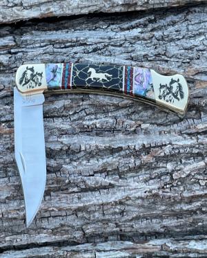 BUCK 110  BRIAN YELLOWHORSE CUSTOM HORSE ABALONEBLACK GOLD QUARTZ BRASS BOLSTERS