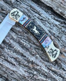 BUCK 110 ** BRIAN YELLOWHORSE CUSTOM HORSE ABALONE/BLACK GOLD QUARTZ BRASS BOLSTERS