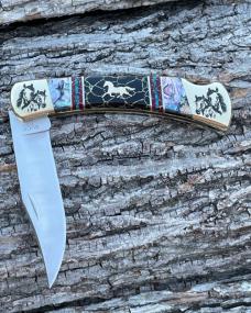 BUCK 110 ** BRIAN YELLOWHORSE CUSTOM HORSE ABALONE/BLACK GOLD QUARTZ BRASS BOLSTERS
