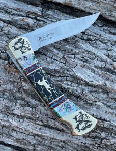 BUCK 110 ** BRIAN YELLOWHORSE CUSTOM HORSE ABALONE/BLACK GOLD QUARTZ BRASS BOLSTERS