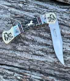 BUCK 110 ** BRIAN YELLOWHORSE CUSTOM HORSE ABALONE/BLACK GOLD QUARTZ BRASS BOLSTERS
