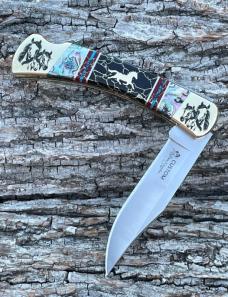 BUCK 110 ** BRIAN YELLOWHORSE CUSTOM HORSE ABALONE/BLACK GOLD QUARTZ BRASS BOLSTERS