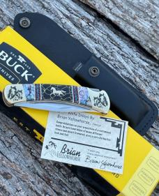 BUCK 110 ** BRIAN YELLOWHORSE CUSTOM HORSE ABALONE/BLACK GOLD QUARTZ BRASS BOLSTERS