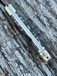 BUCK 110 ** BRIAN YELLOWHORSE CUSTOM HORSE ABALONE/BLACK GOLD QUARTZ BRASS BOLSTERS