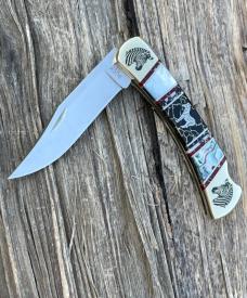 BUCK 110 ** BRIAN YELLOWHORSE CUSTOM ZEBRA MOTHER OF PEARL-ABALONE-BLACK GOLD QUARTZ BRASS BOLSTERS