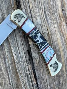 BUCK 110 ** BRIAN YELLOWHORSE CUSTOM ZEBRA MOTHER OF PEARL-ABALONE-BLACK GOLD QUARTZ BRASS BOLSTERS