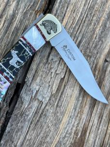 BUCK 110 ** BRIAN YELLOWHORSE CUSTOM ZEBRA MOTHER OF PEARL-ABALONE-BLACK GOLD QUARTZ BRASS BOLSTERS