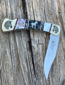 BUCK 110 ** BRIAN YELLOWHORSE CUSTOM ZEBRA MOTHER OF PEARL-ABALONE-BLACK GOLD QUARTZ BRASS BOLSTERS