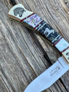 BUCK 110 ** BRIAN YELLOWHORSE CUSTOM ZEBRA MOTHER OF PEARL-ABALONE-BLACK GOLD QUARTZ BRASS BOLSTERS