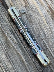 BUCK 110 ** BRIAN YELLOWHORSE CUSTOM ZEBRA MOTHER OF PEARL-ABALONE-BLACK GOLD QUARTZ BRASS BOLSTERS