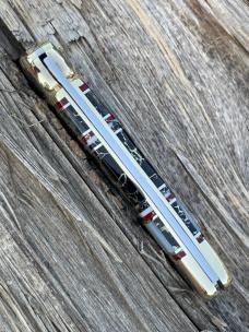 BUCK 110 ** BRIAN YELLOWHORSE CUSTOM ZEBRA MOTHER OF PEARL-ABALONE-BLACK GOLD QUARTZ BRASS BOLSTERS