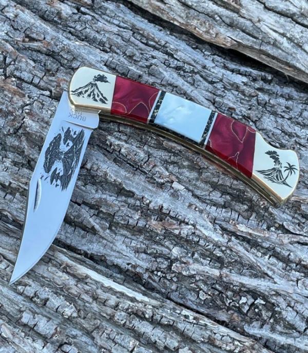 BUCK 110 ** BRIAN YELLOWHORSE CUSTOM VOLCANO MOTHER OF PEARL-RED GOLD ACRYLIC BRASS BOLSTERS BUCK 110 ** BRIAN YELLOWHORSE CUSTOM VOLCANO MOTHER OF PEARL-RED GOLD ACRYLIC BRASS BOLSTERS