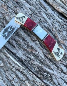 BUCK 110 ** BRIAN YELLOWHORSE CUSTOM VOLCANO MOTHER OF PEARL-RED GOLD ACRYLIC BRASS BOLSTERS