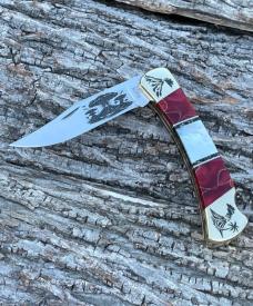 BUCK 110 ** BRIAN YELLOWHORSE CUSTOM VOLCANO MOTHER OF PEARL-RED GOLD ACRYLIC BRASS BOLSTERS