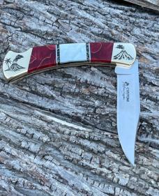 BUCK 110 ** BRIAN YELLOWHORSE CUSTOM VOLCANO MOTHER OF PEARL-RED GOLD ACRYLIC BRASS BOLSTERS