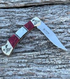 BUCK 110 ** BRIAN YELLOWHORSE CUSTOM VOLCANO MOTHER OF PEARL-RED GOLD ACRYLIC BRASS BOLSTERS