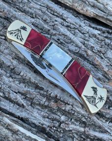 BUCK 110 ** BRIAN YELLOWHORSE CUSTOM VOLCANO MOTHER OF PEARL-RED GOLD ACRYLIC BRASS BOLSTERS
