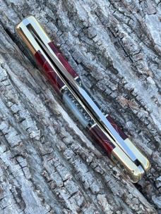 BUCK 110 ** BRIAN YELLOWHORSE CUSTOM VOLCANO MOTHER OF PEARL-RED GOLD ACRYLIC BRASS BOLSTERS