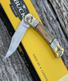 BUCK 110 ** BRIAN YELLOWHORSE CUSTOM GIRAFFE BONE/WHITE GOLD QUARTZ BRASS BOLSTERS