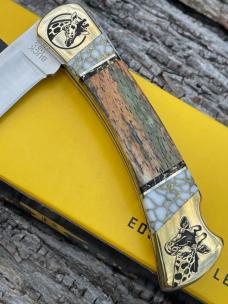 BUCK 110 ** BRIAN YELLOWHORSE CUSTOM GIRAFFE BONE/WHITE GOLD QUARTZ BRASS BOLSTERS