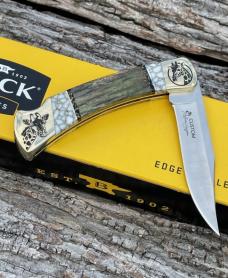 BUCK 110 ** BRIAN YELLOWHORSE CUSTOM GIRAFFE BONE/WHITE GOLD QUARTZ BRASS BOLSTERS